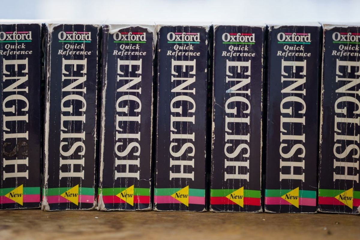 A row of Oxford English dictionaries in a school classroom on February 11, 2022, in Cardiff, Wales.